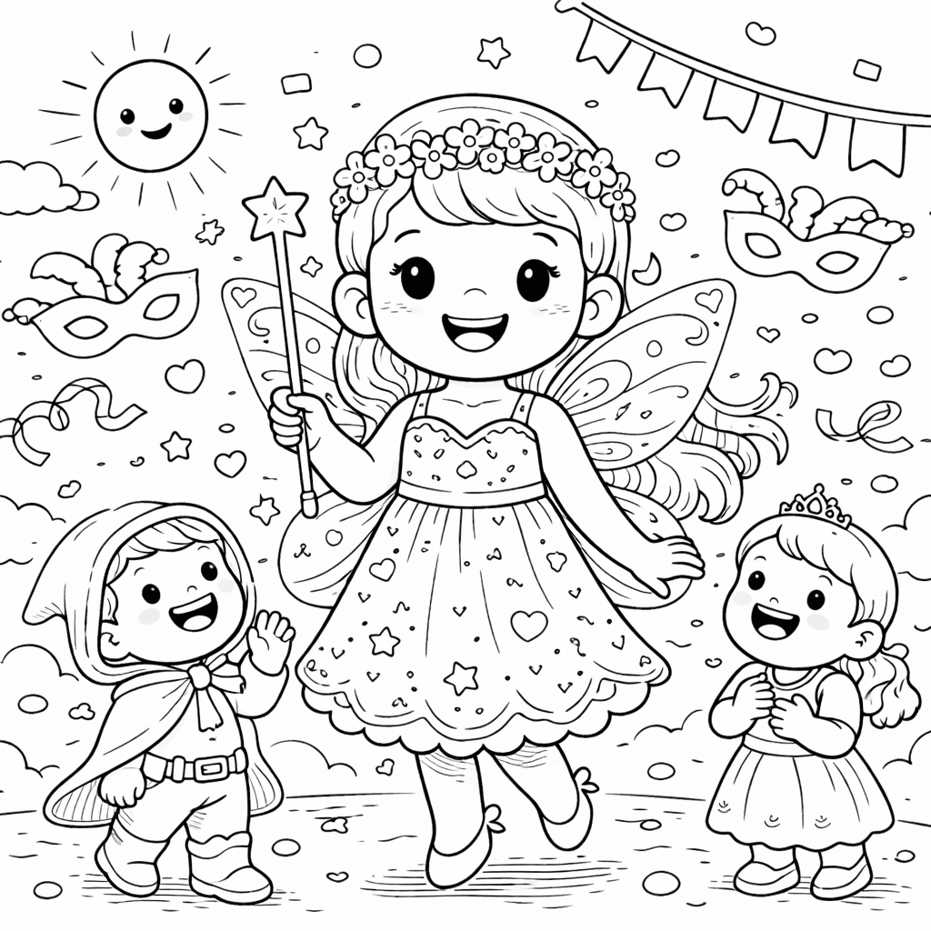 Zauberhafte Fee mit staunenden Kindern - Ausmalbild