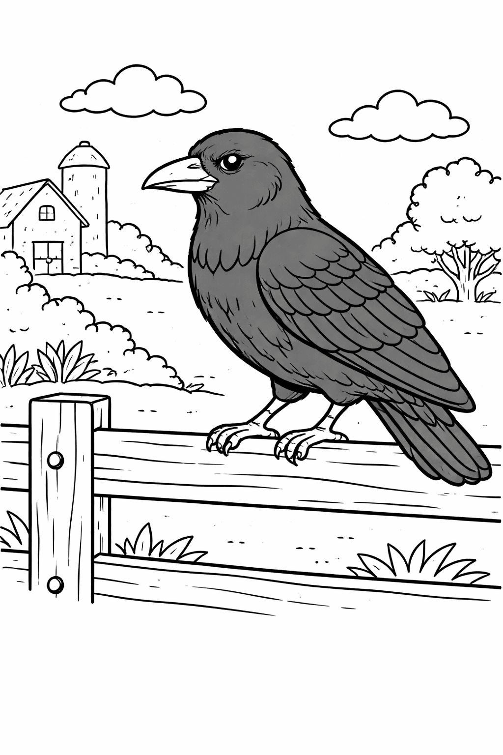Krähe auf Zaun - Ausmalbild