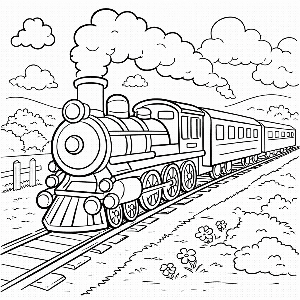 Lächelnde Lokomotive im idyllischen Land - Ausmalbild