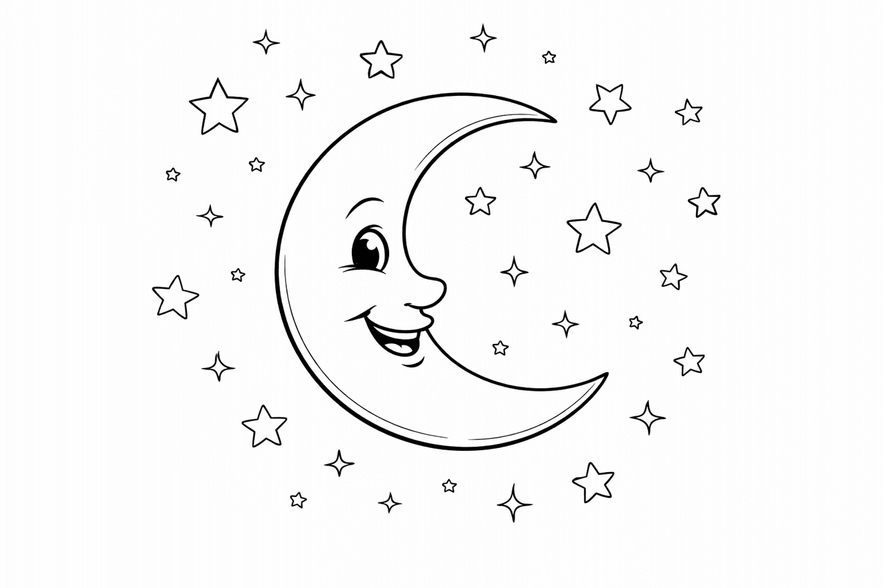 Mond und Sterne - Ausmalbild