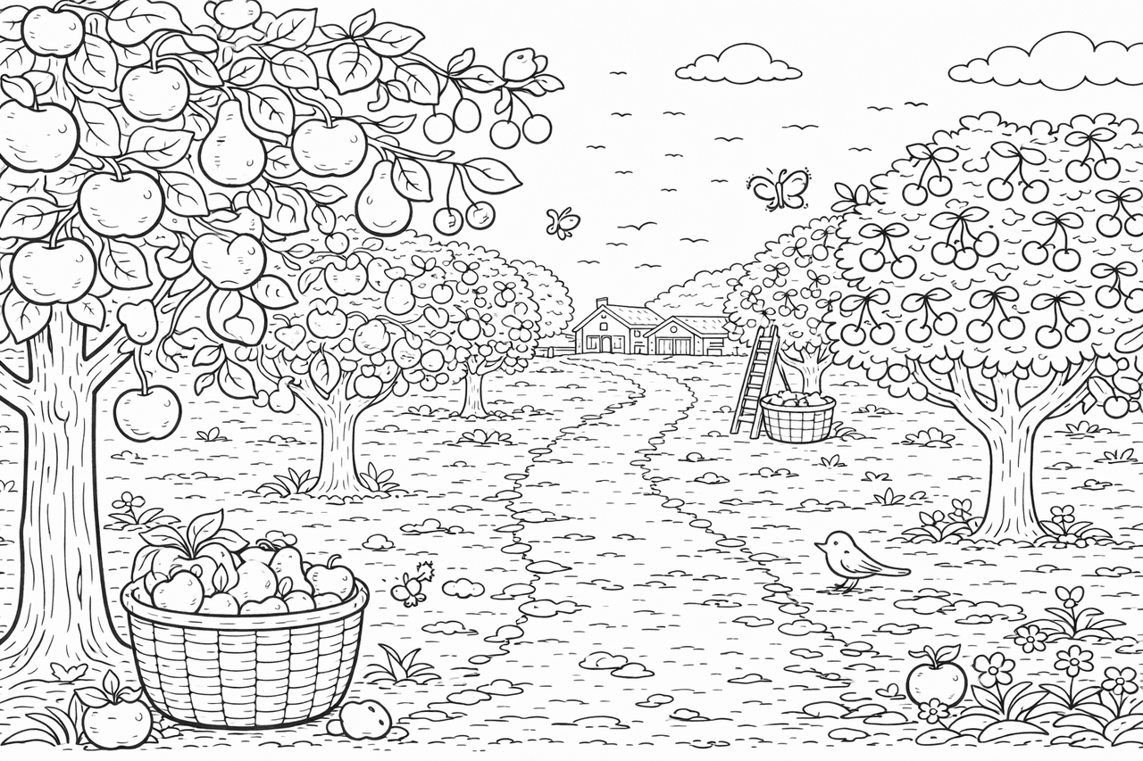 Ländlicher Obstgarten - Ausmalbild