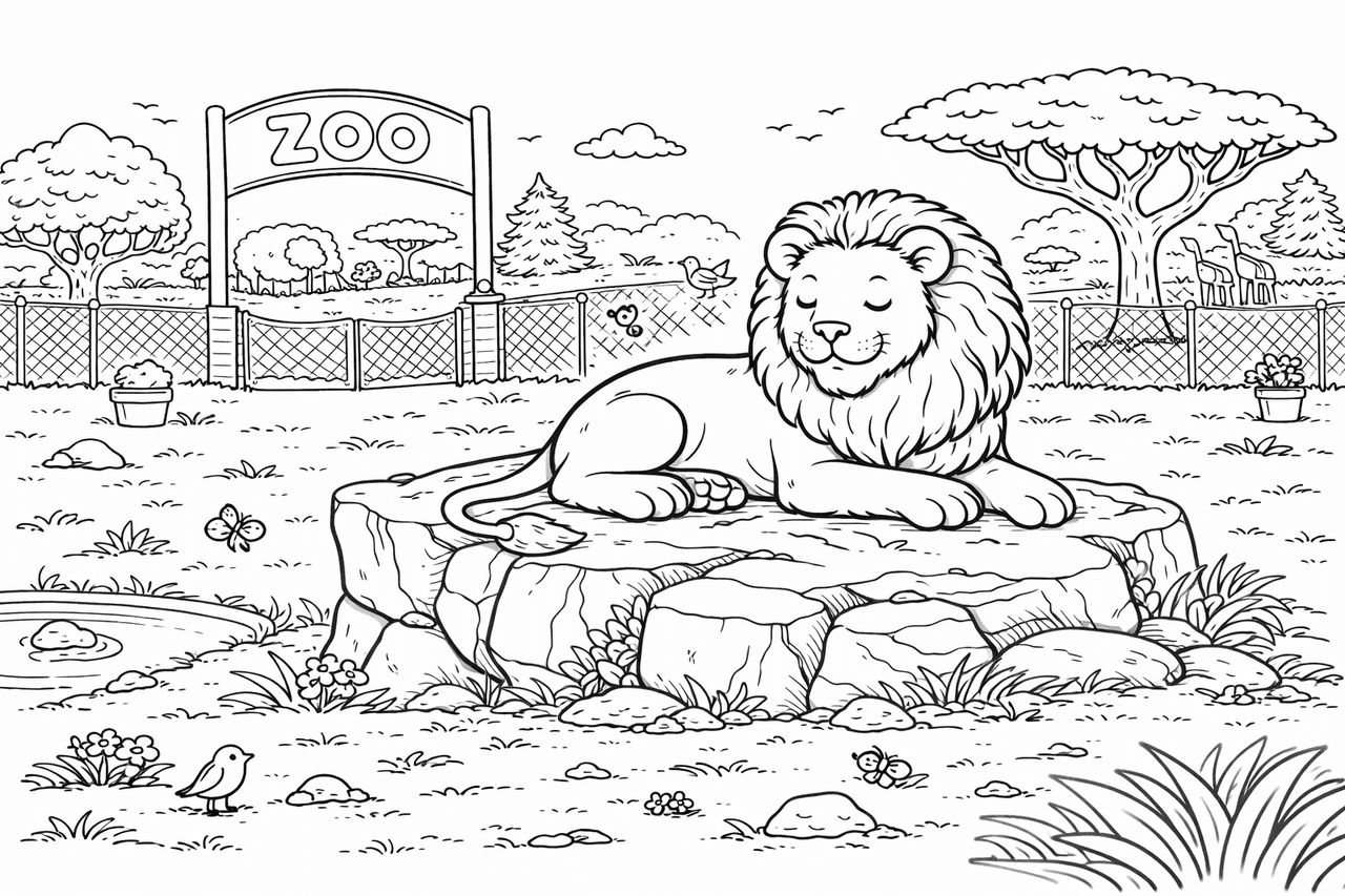 Löwe auf Felsen im Zoo - Ausmalbild