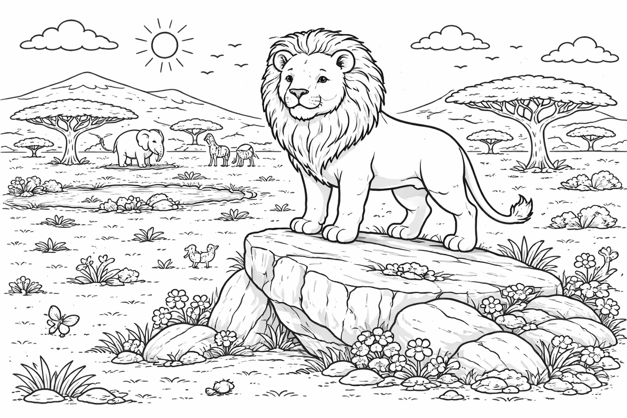 Löwe auf Felsen in der Savanne - Ausmalbild