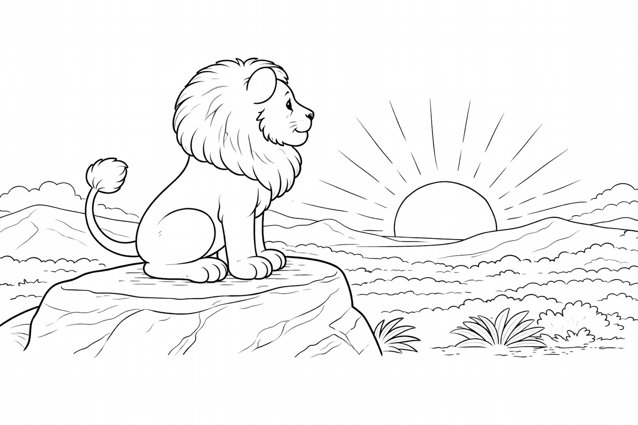 Löwe auf dem Felsen bei Sonnenuntergang - Ausmalbild