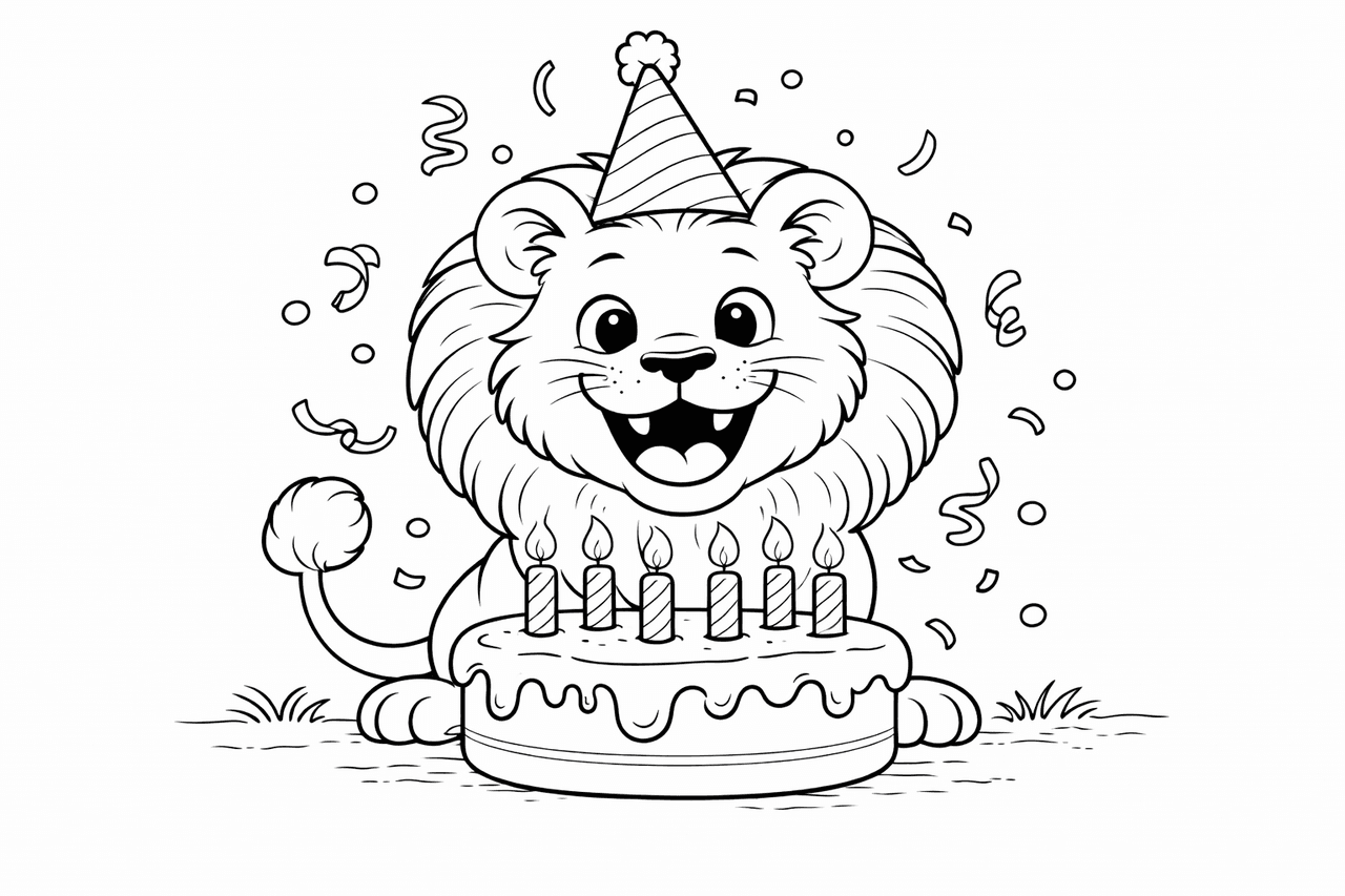 Löwe feiert mit Geburtstagskuchen - Ausmalbild