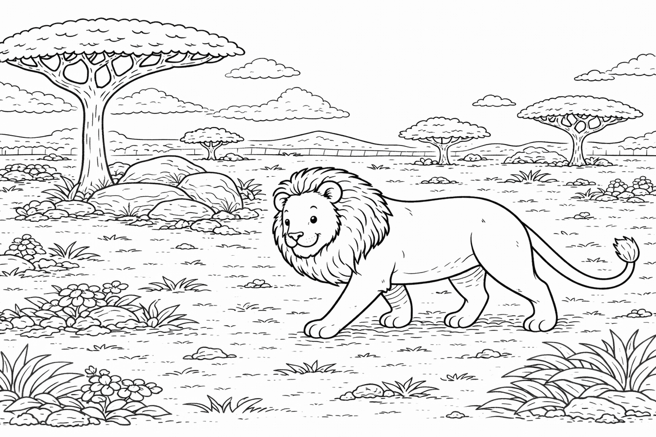 Löwe im Savannen-Spaziergang - Ausmalbild