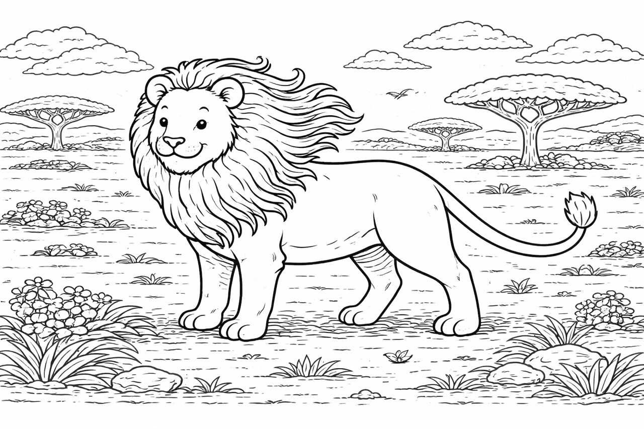 Löwe in der afrikanischen Savanne - Ausmalbild