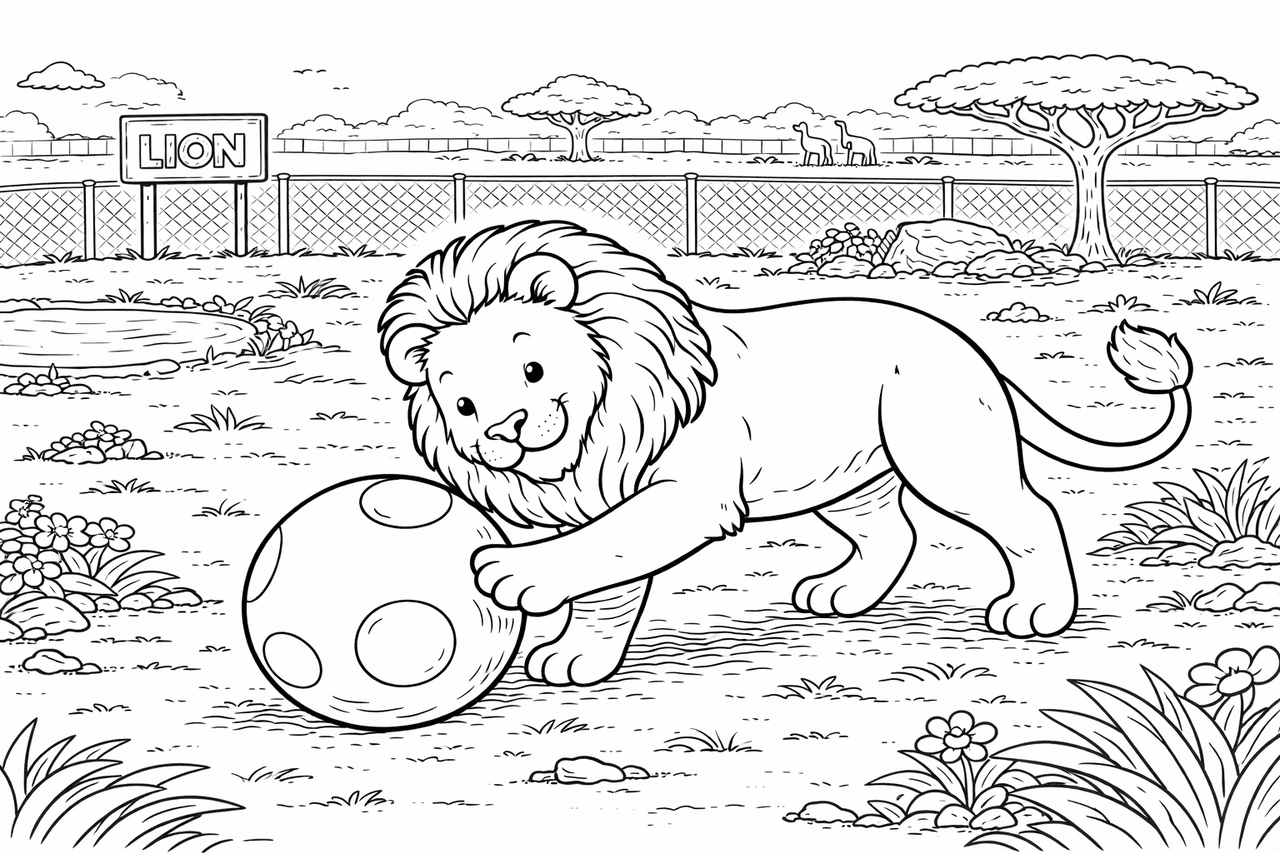 Löwe spielt mit Ball im Gehege - Ausmalbild