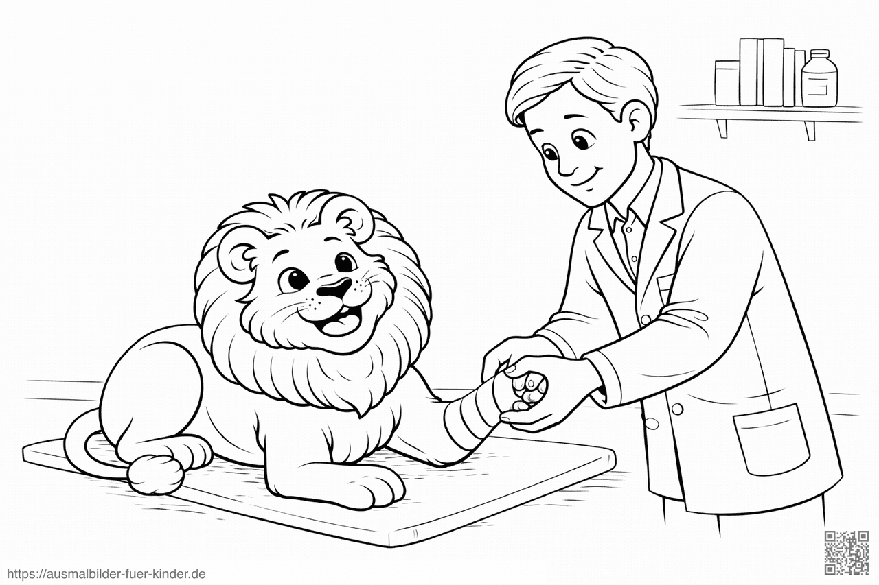 Löwe wird von Tierarzt versorgt - Ausmalbild Löwe wird von Tierarzt versorgt - Ausmalbild