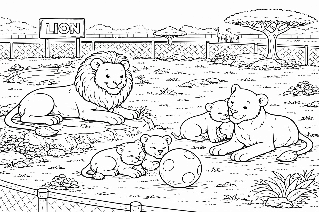 Löwenfamilie im Zoo Gehege - Ausmalbild