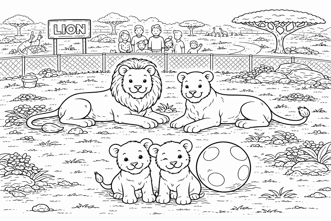 Löwenfamilie im Zoo zum Ausmalen - Ausmalbild