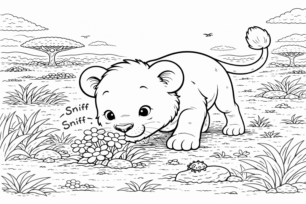 Löwenjunge riecht Blumen in der Savanne - Ausmalbild