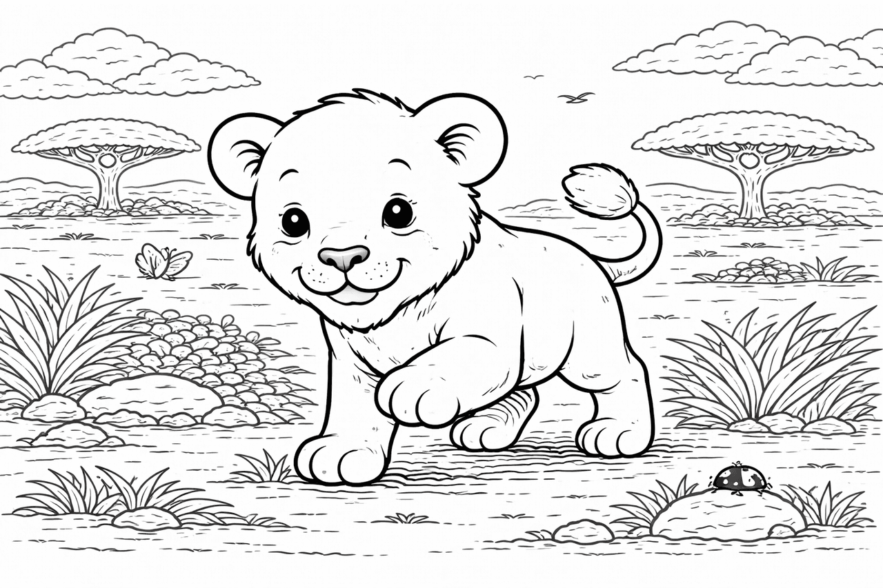 Löwenjunges auf Erkundungstour im Gras - Ausmalbild