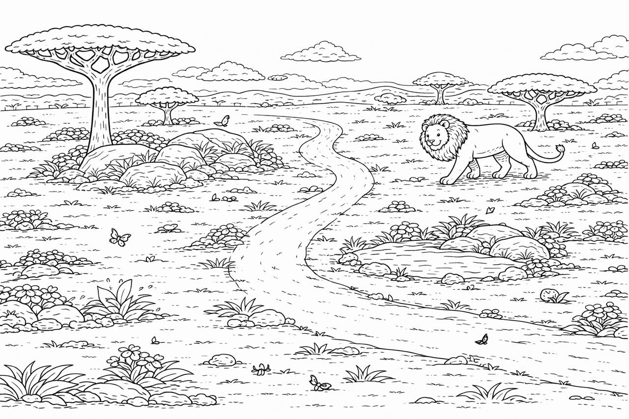 Löwenreich in der Savanne - Ausmalbild