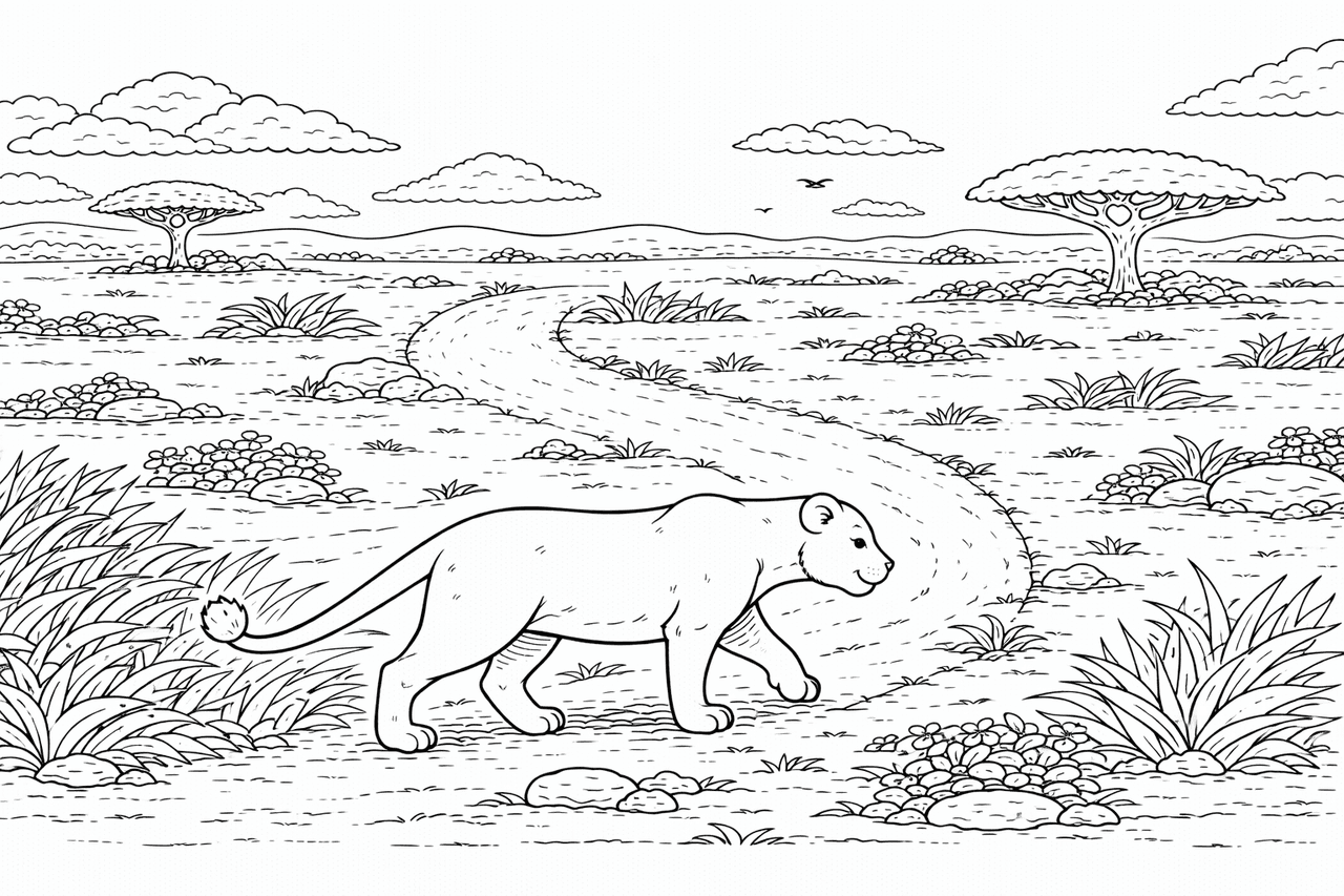 Löwin auf dem Savannenweg - Ausmalbild