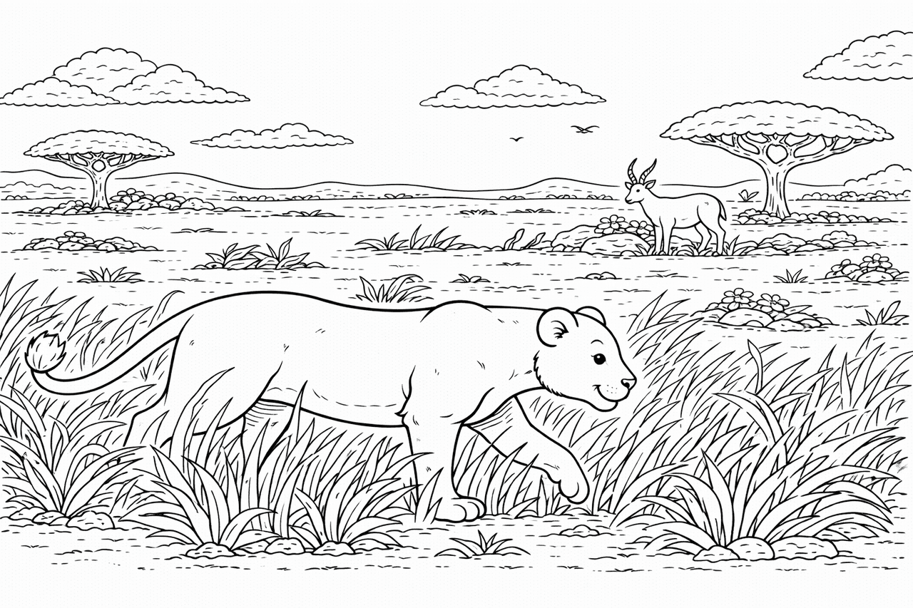 Löwin im hohen Gras - Ausmalbild