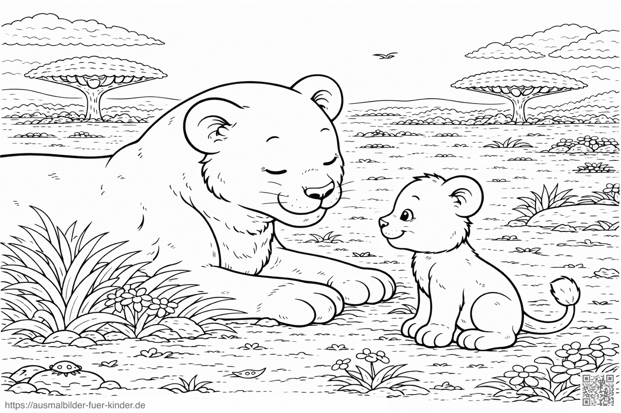 Löwin und ihr Junges in der Savanne - Ausmalbild Löwin und ihr Junges in der Savanne - Ausmalbild
