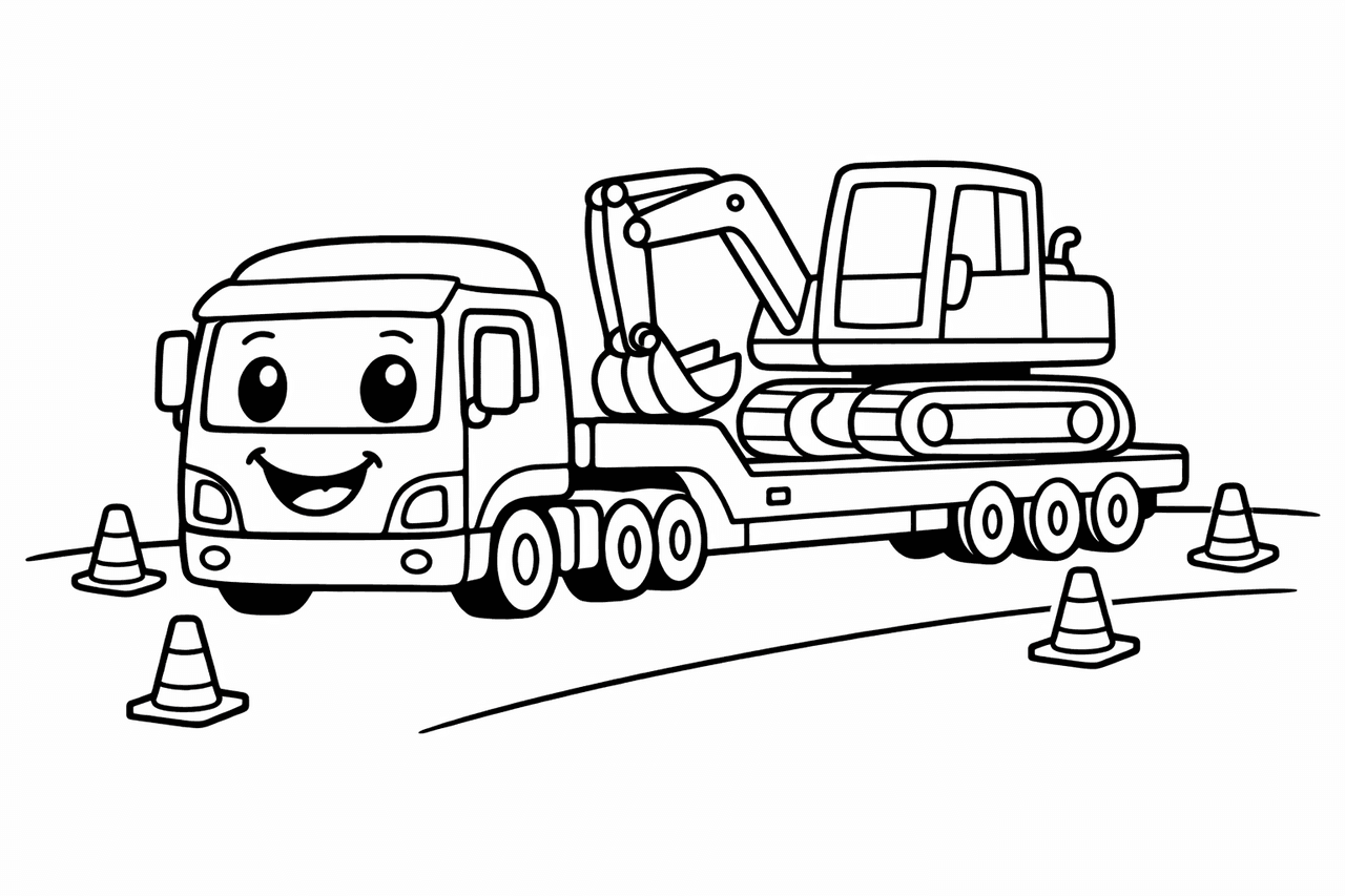 Lastwagen mit Bagger auf Anhänger - Ausmalbild