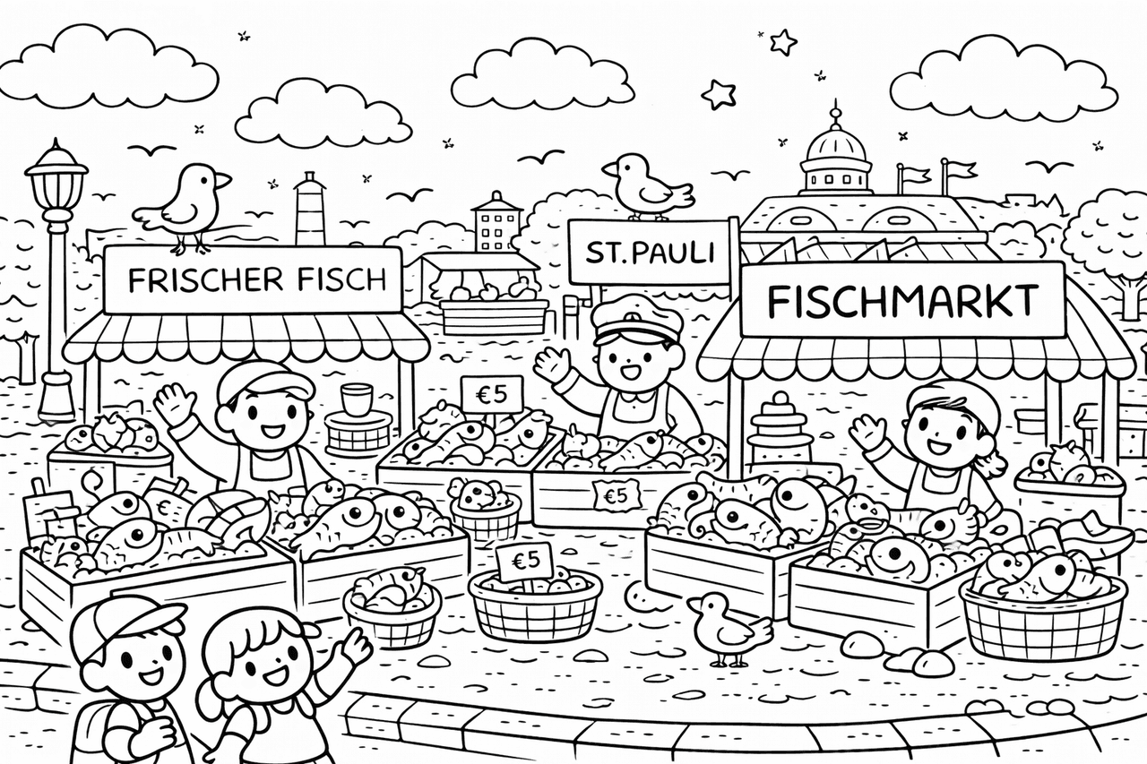 Hamburger Fischmarkt - Ausmalbild