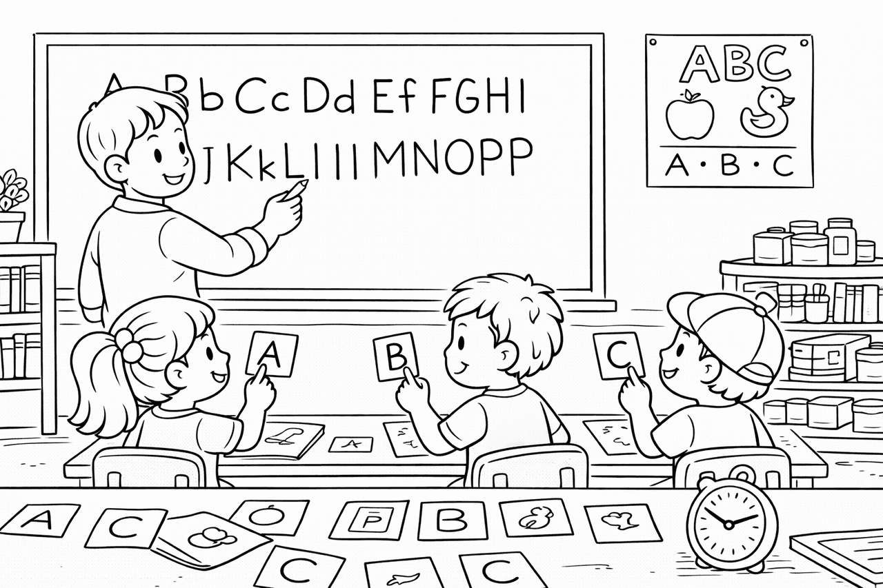 Alphabet-Lernen im Klassenzimmer - Ausmalbild Alphabet-Lernen im Klassenzimmer - Ausmalbild