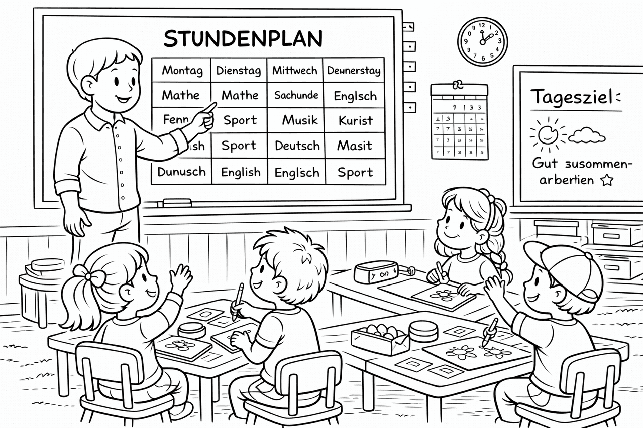 Der Unterrichtsraum und der Stundenplan - Ausmalbild Der Unterrichtsraum und der Stundenplan - Ausmalbild