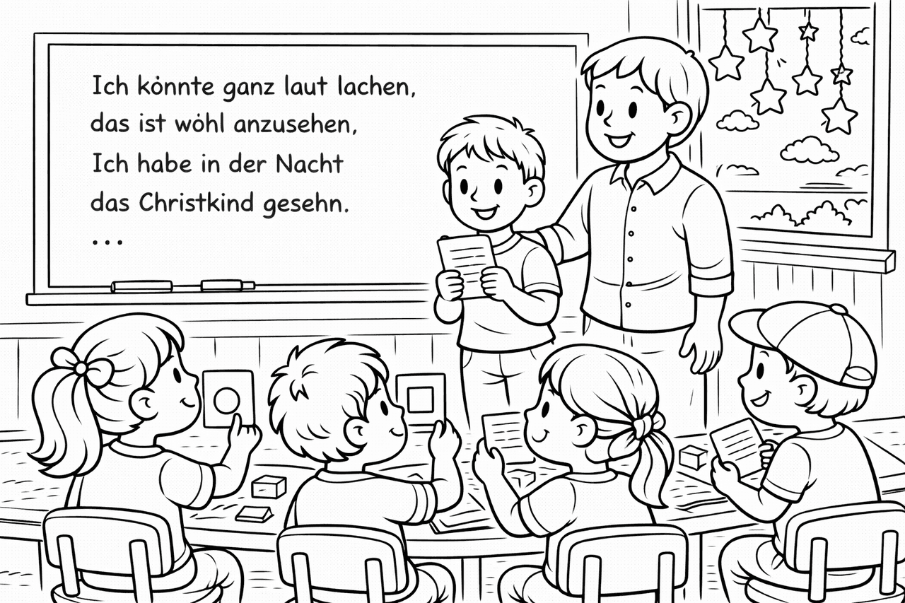 Ein Junge liest ein Gedicht vor - Ausmalbild Ein Junge liest ein Gedicht vor - Ausmalbild