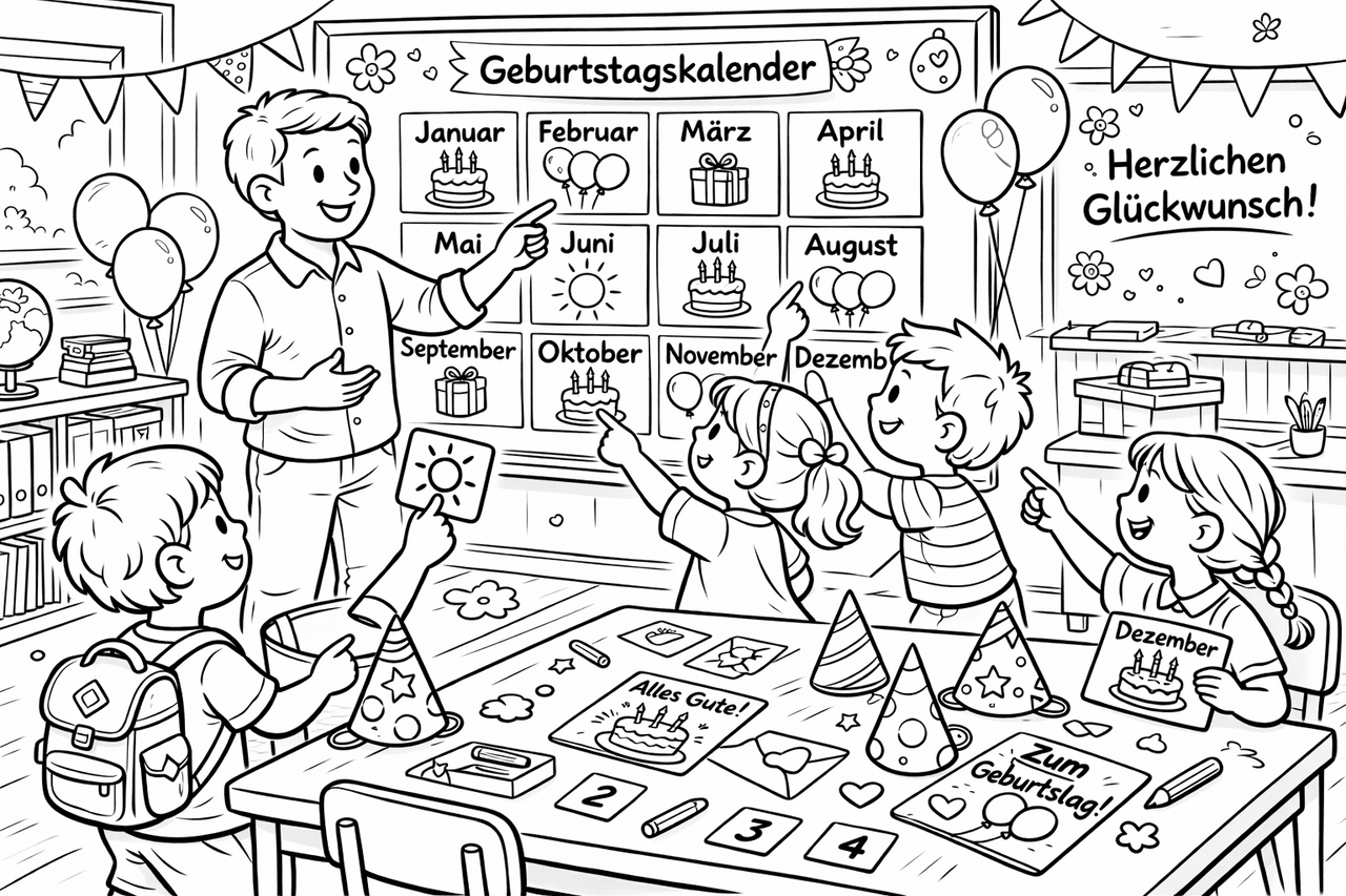 Fröhliche Geburtstagsfeier im Klassenzimmer - Ausmalbild
