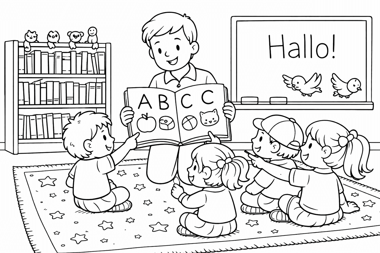 Fröhlicher Unterricht mit ABC-Lernen - Ausmalbild Fröhlicher Unterricht mit ABC-Lernen - Ausmalbild