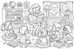 Geschichtenzeit in der gemütlichen Klassenzimmerecke - Ausmalbild