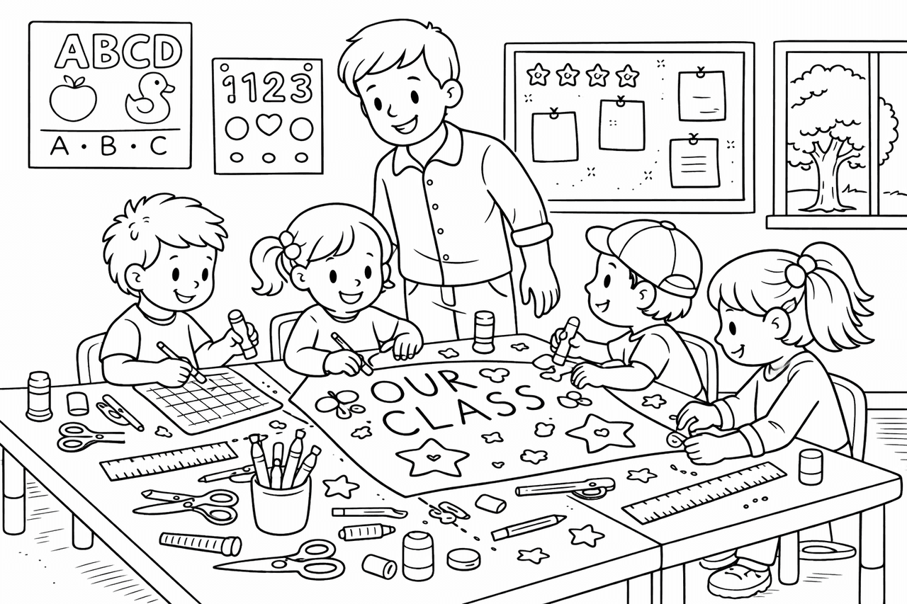 Kinder im Klassenzimmer arbeiten gemeinsam - Ausmalbild Kinder im Klassenzimmer arbeiten gemeinsam - Ausmalbild