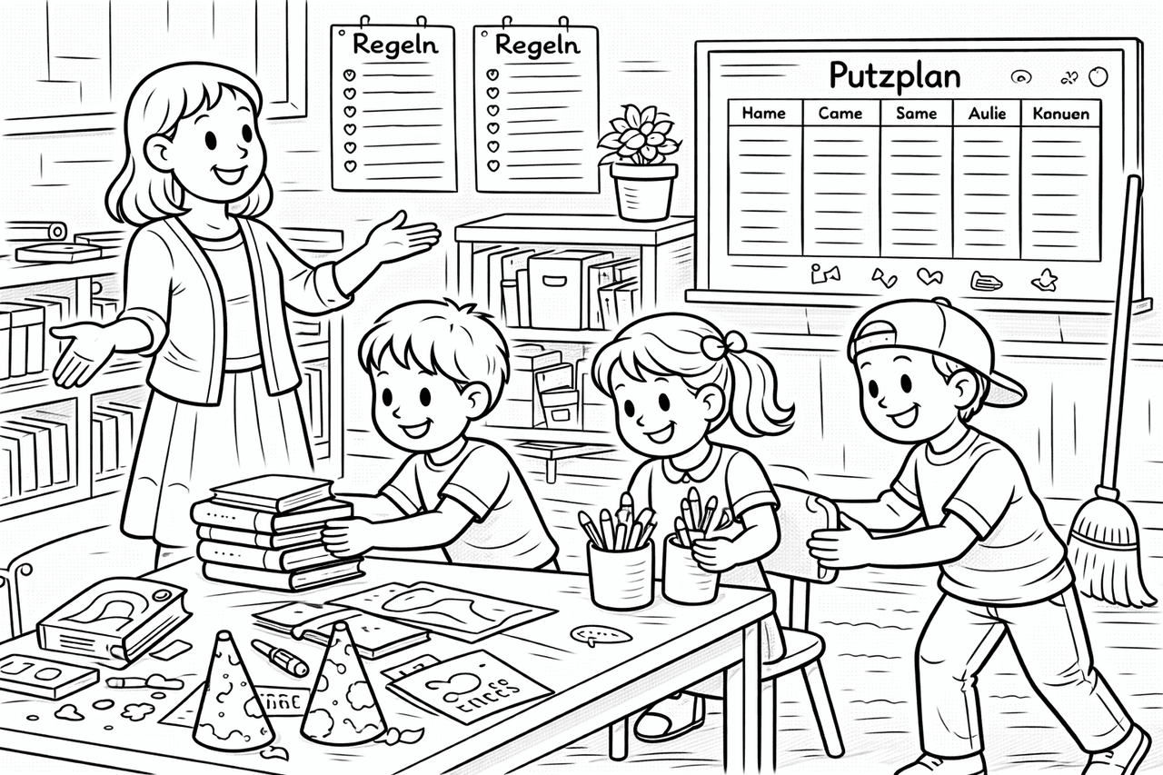 Klassenraumaufräumen mit fröhlichen Kindern - Ausmalbild