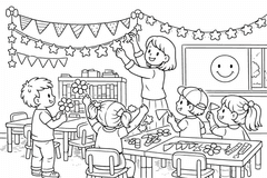 Klassenzimmerdekoration mit Kindern und Lehrerin - Ausmalbild