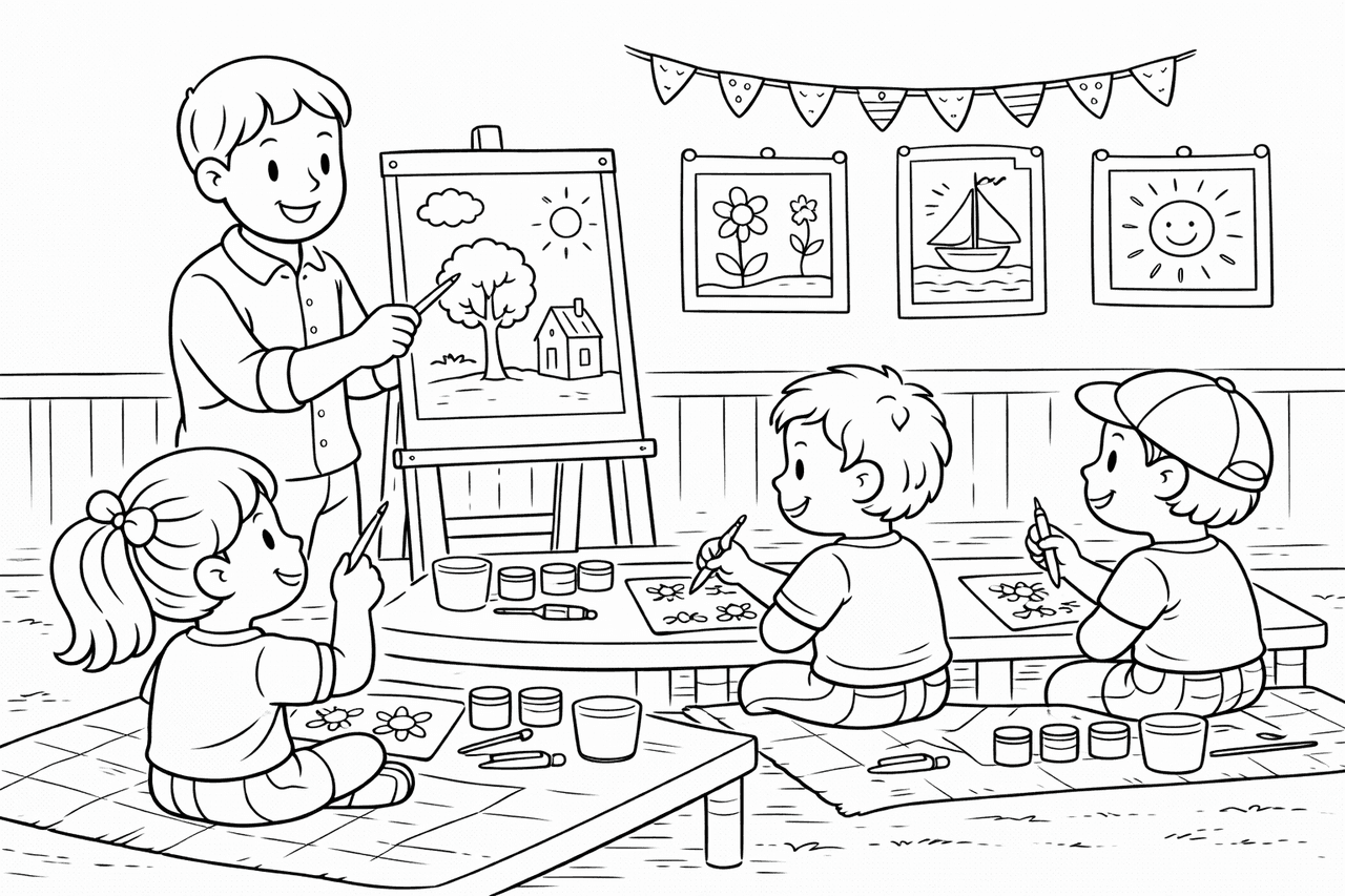 Kunstklasse mit kreativen Kindern - Ausmalbild
