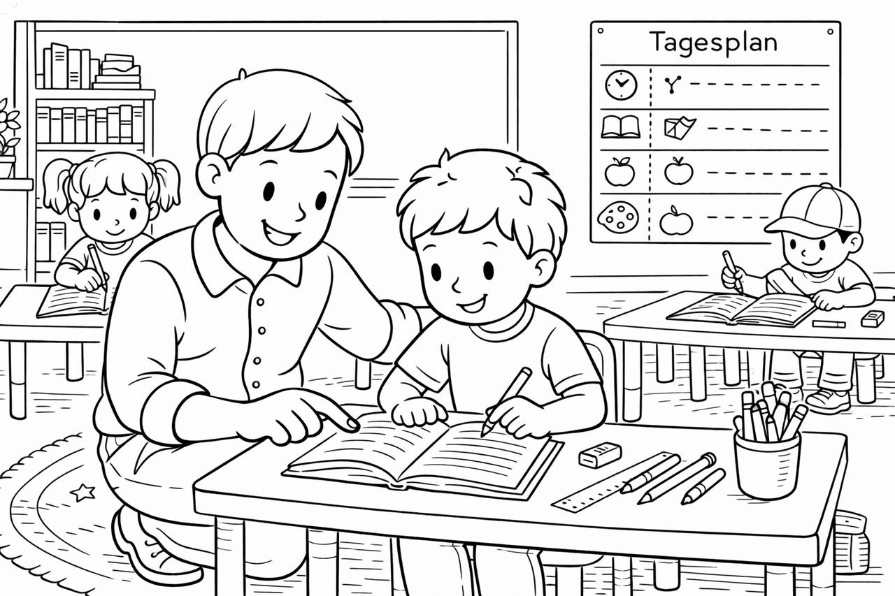 Lehrer erklärt im Klassenzimmer - Ausmalbild