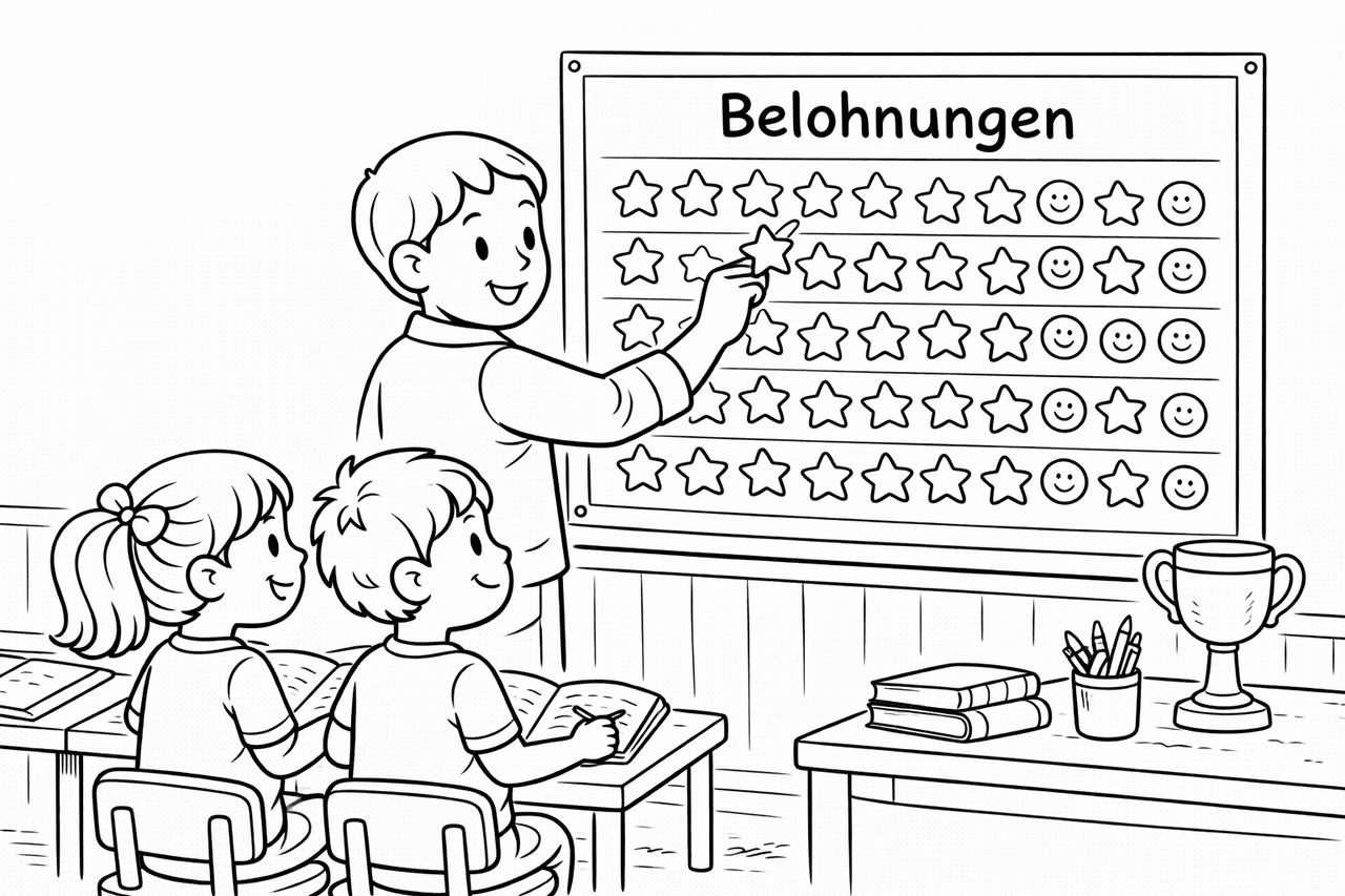 Lehrerin belohnt Schüler mit Stickern - Ausmalbild Lehrerin belohnt Schüler mit Stickern - Ausmalbild