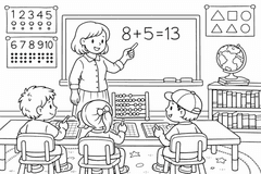 Lehrerin erklärt Mathematik im Klassenraum - Ausmalbild