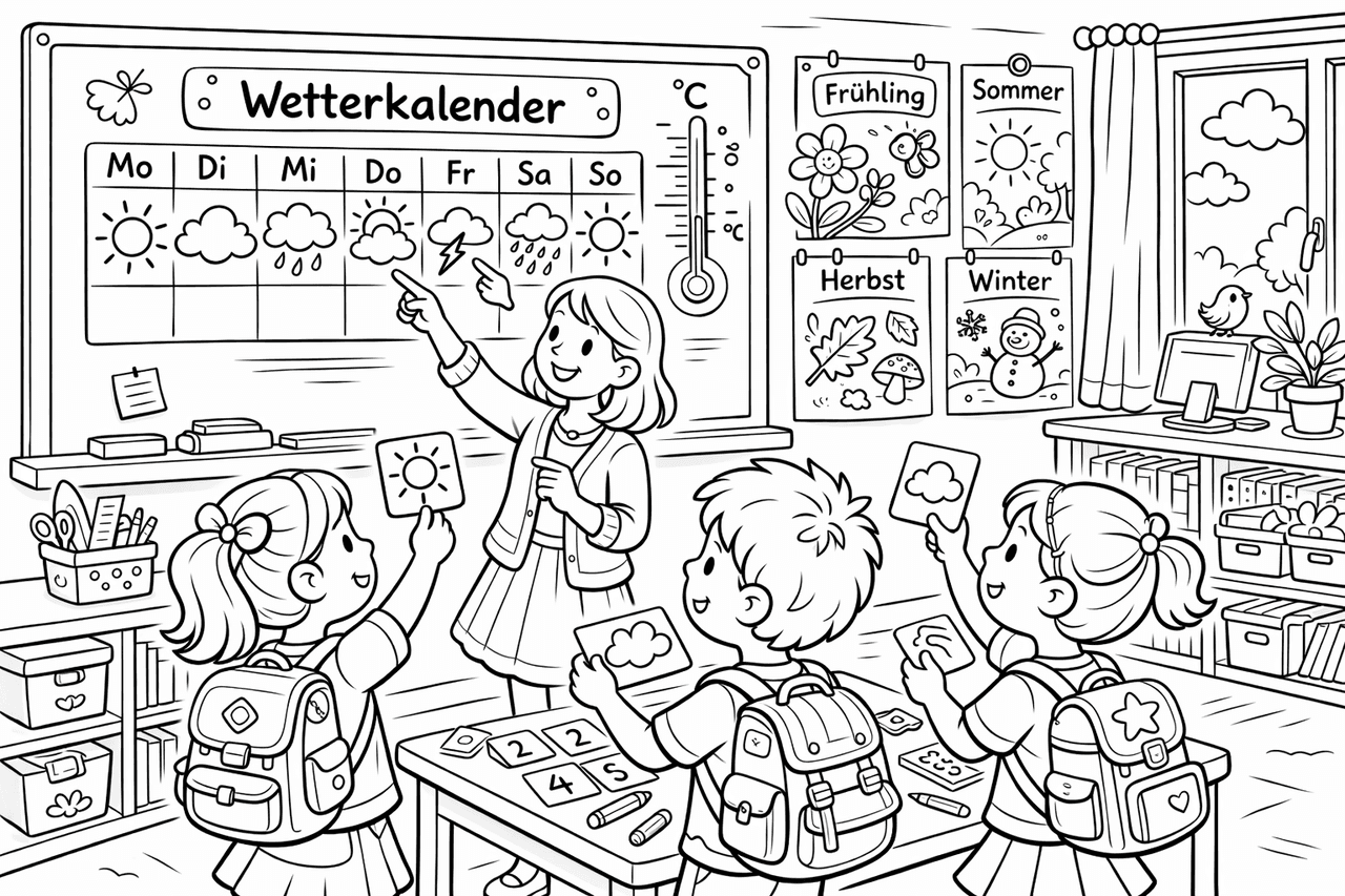 Lehrerin erklärt das Wetter im Klassenzimmer - Ausmalbild
