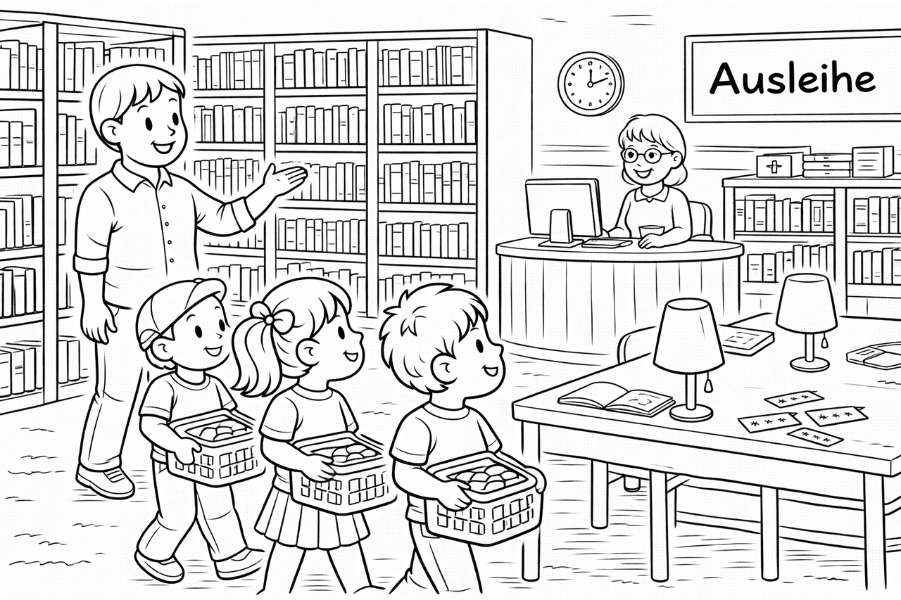 Lehrerin führt Kinder in Bibliothek - Ausmalbild