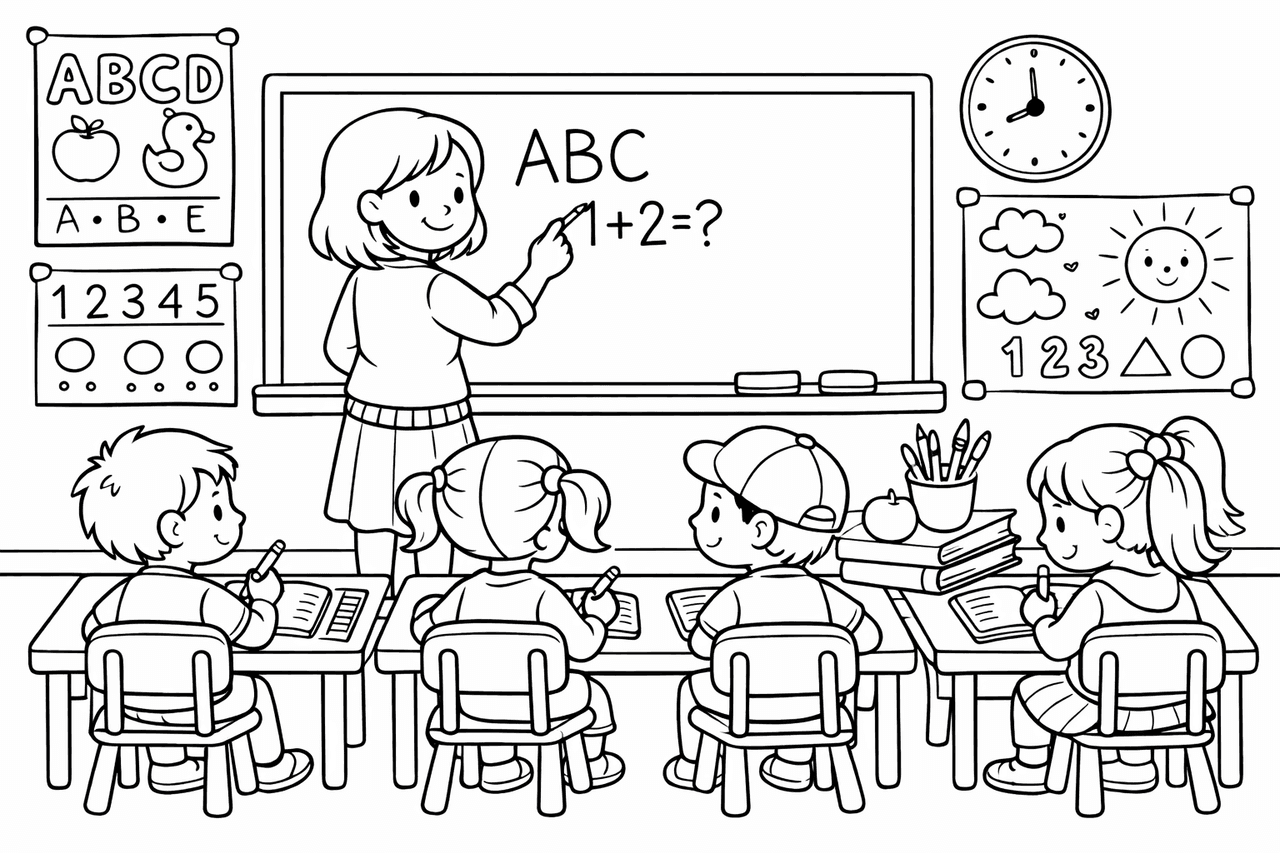 Lehrerin im Klassenzimmer mit Kindern - Ausmalbild Lehrerin im Klassenzimmer mit Kindern - Ausmalbild