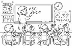 Lehrerin im Klassenzimmer mit Kindern - Ausmalbild