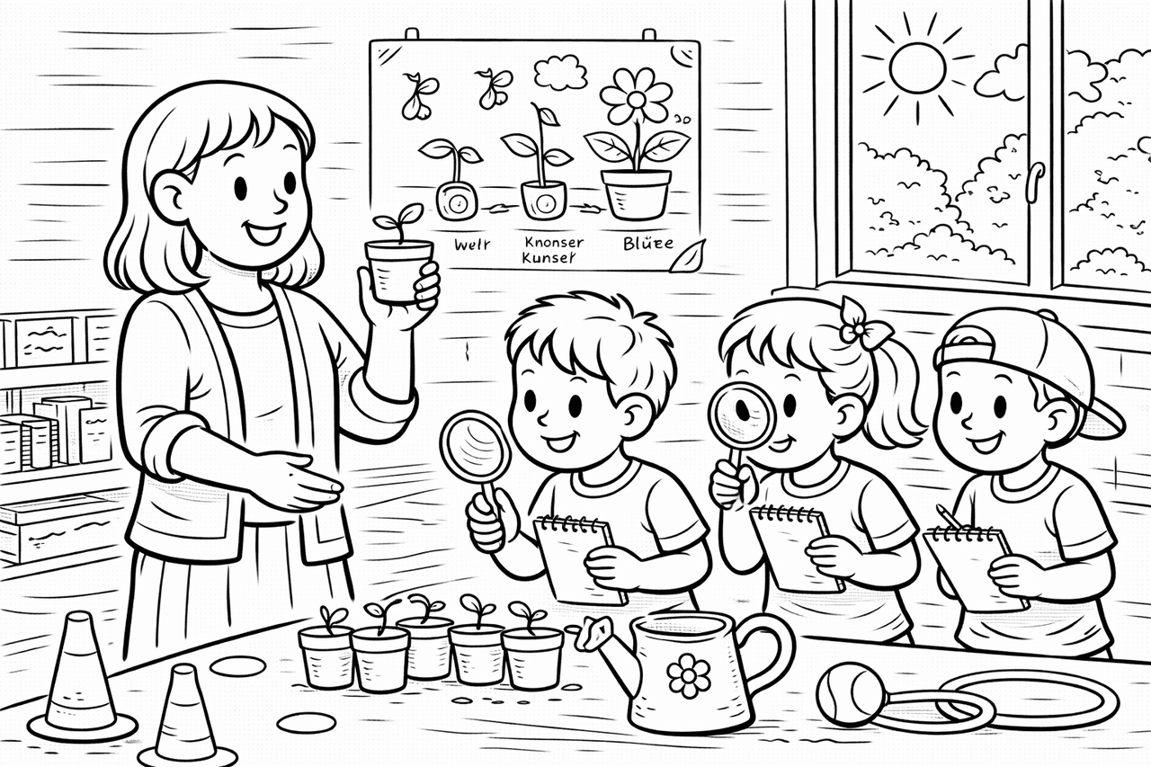 Lehrerin und Kinder beobachten Setzlinge - Ausmalbild