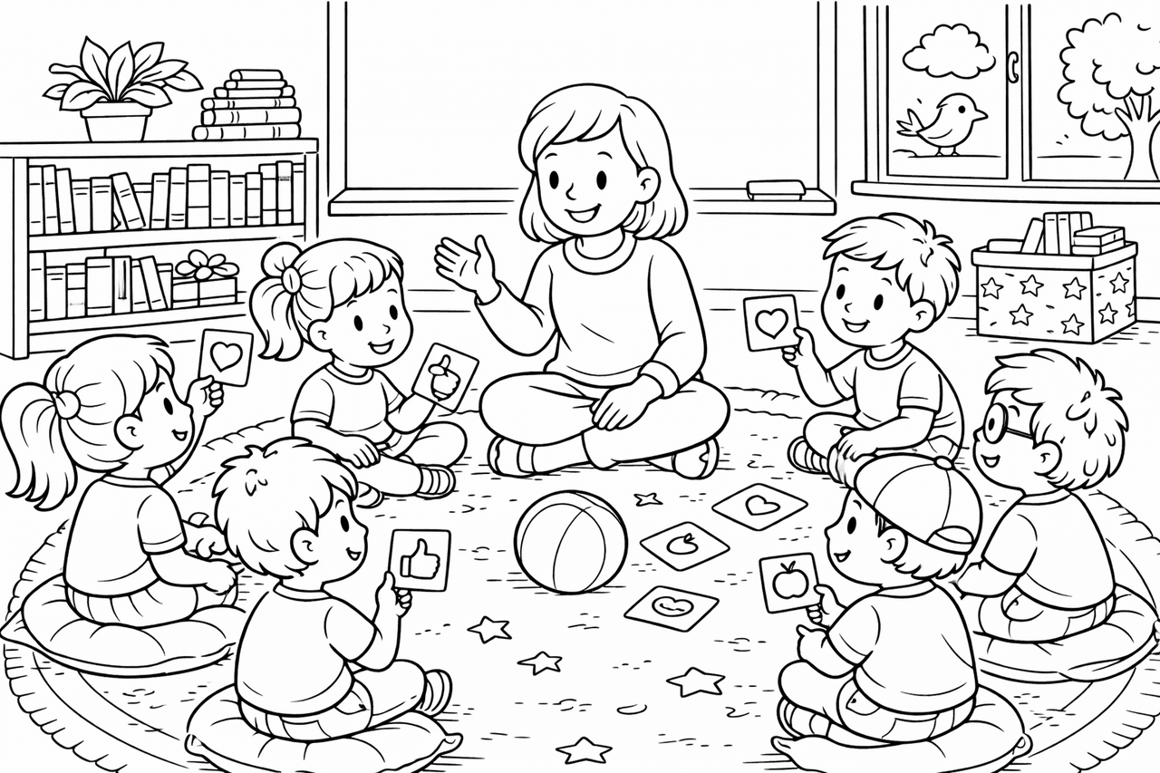 Lehrerin und Kinder im Klassenraum - Ausmalbild Lehrerin und Kinder im Klassenraum - Ausmalbild
