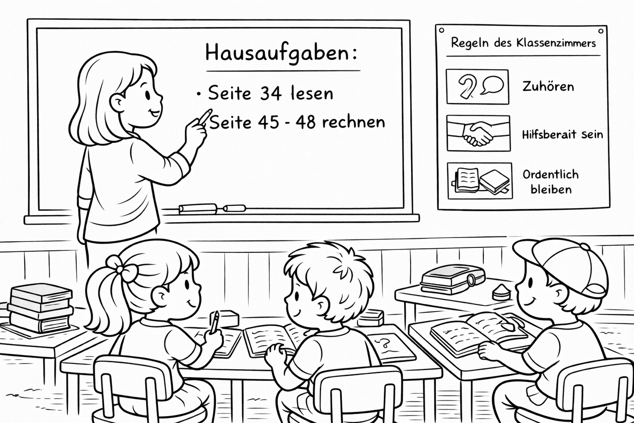 Lehrerin und Schüler im Klassenzimmer - Ausmalbild
