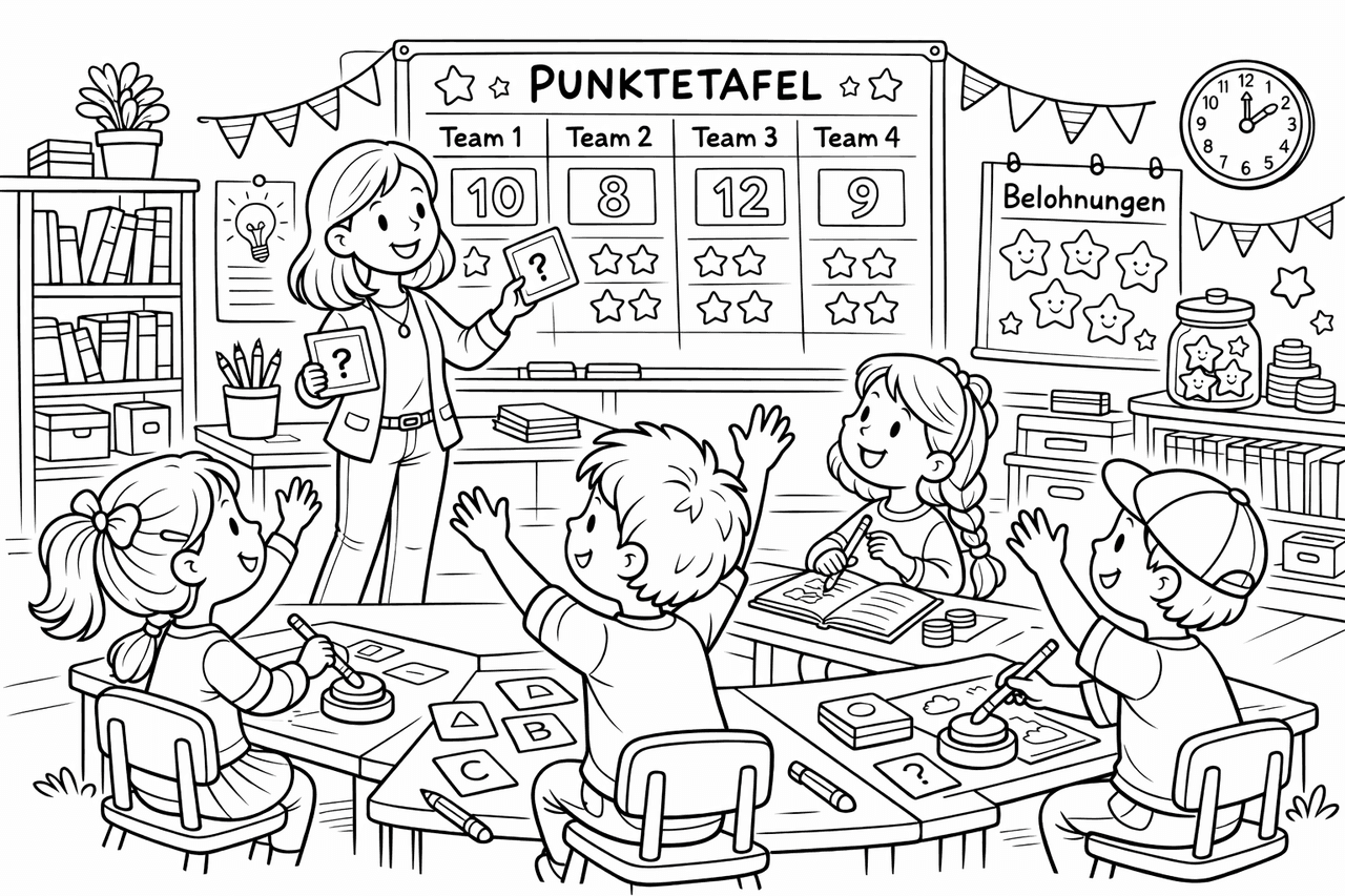 Lustiges Klassenzimmer-Quizspiel - Ausmalbild Lustiges Klassenzimmer-Quizspiel - Ausmalbild