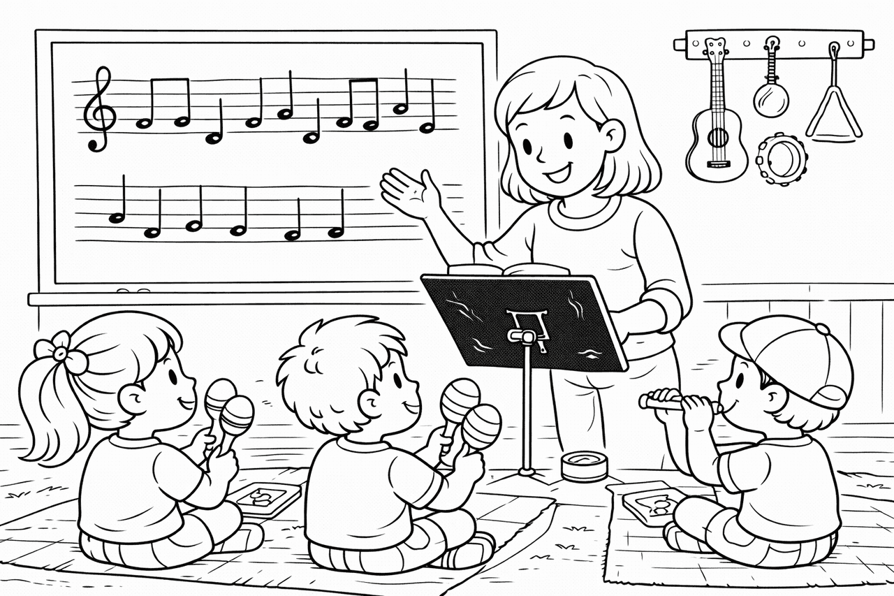 Musikunterricht mit fröhlichen Kindern - Ausmalbild Musikunterricht mit fröhlichen Kindern - Ausmalbild
