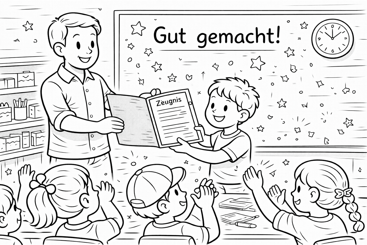Zertifikatübergabe im Klassenzimmer - Ausmalbild