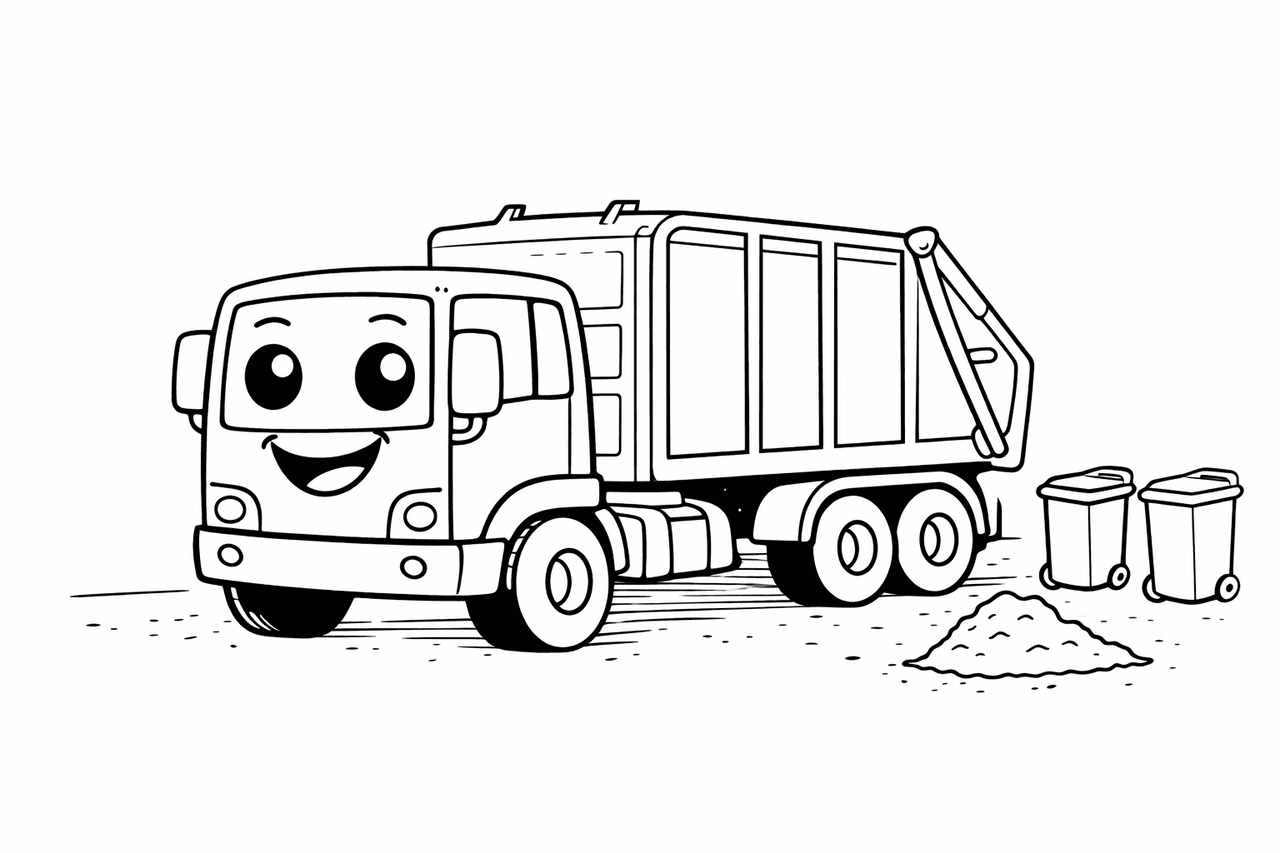 Lustiger Müllwagen mit Abfalltonnen - Ausmalbild