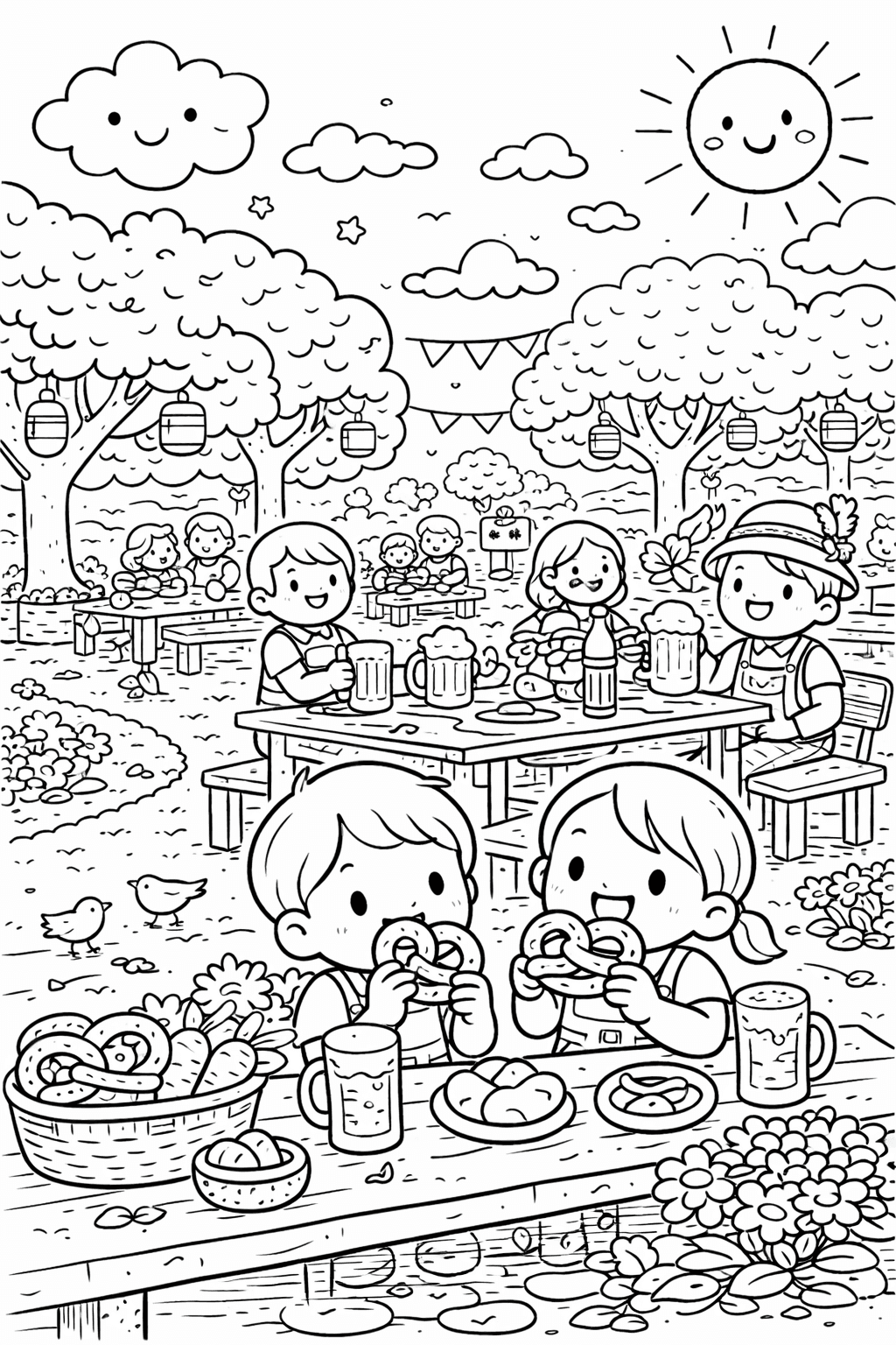 Münchner Biergarten mit Familie - Ausmalbild