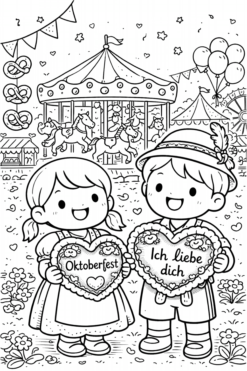 Oktoberfest mit Lebkuchenherzen - München Ausmalbild