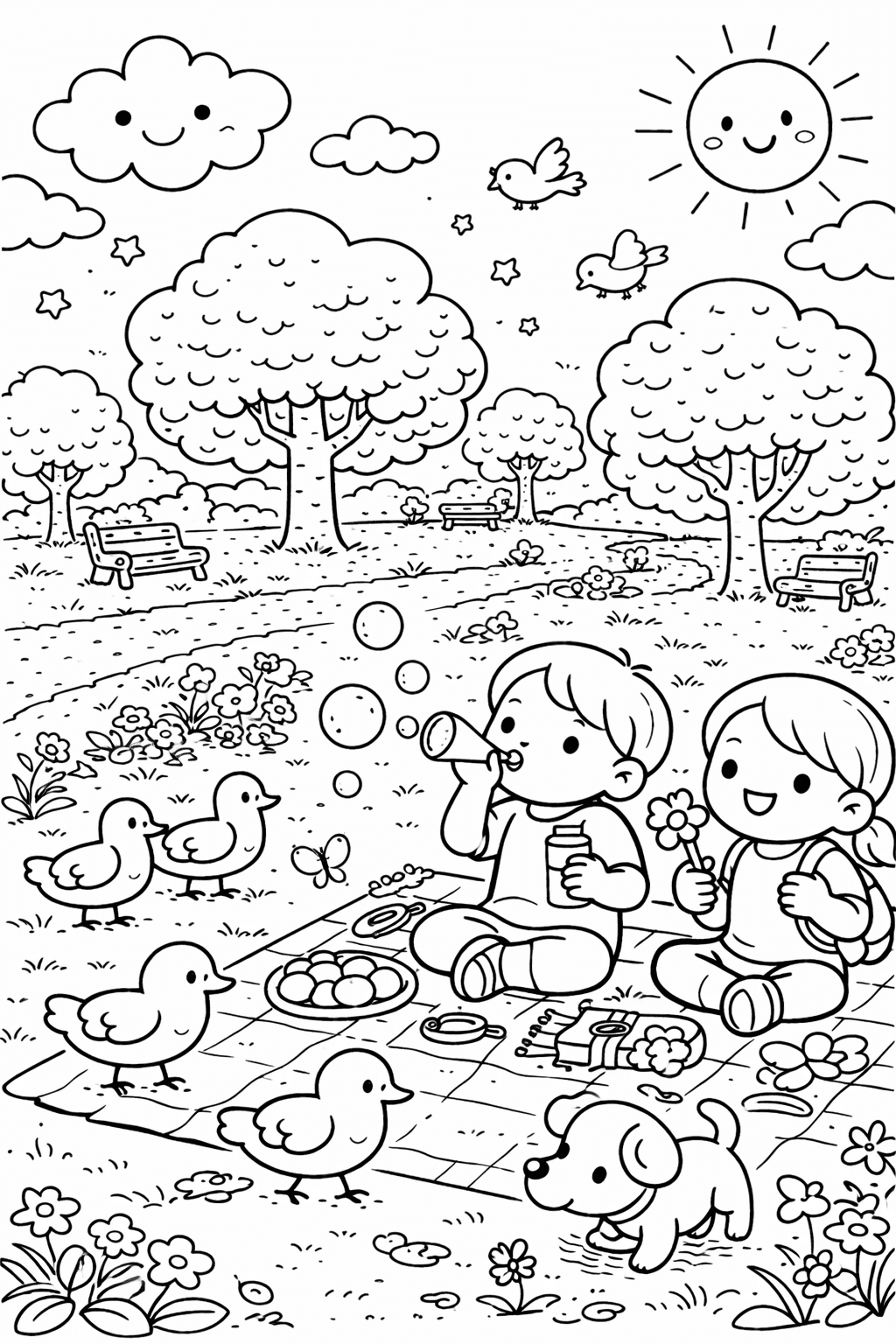 Kinder im Münchner Garten mit Tieren - Ausmalbild